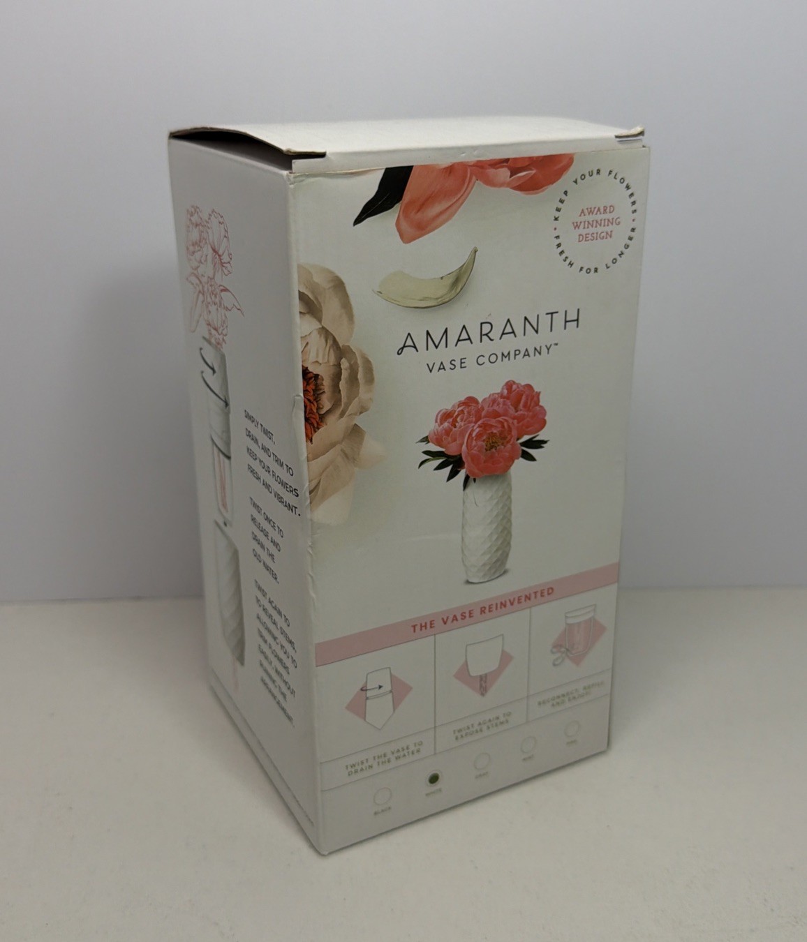 AMARANTH Flower Vase Reinvented Unique Twist Drain Trim System White 8” – NEW