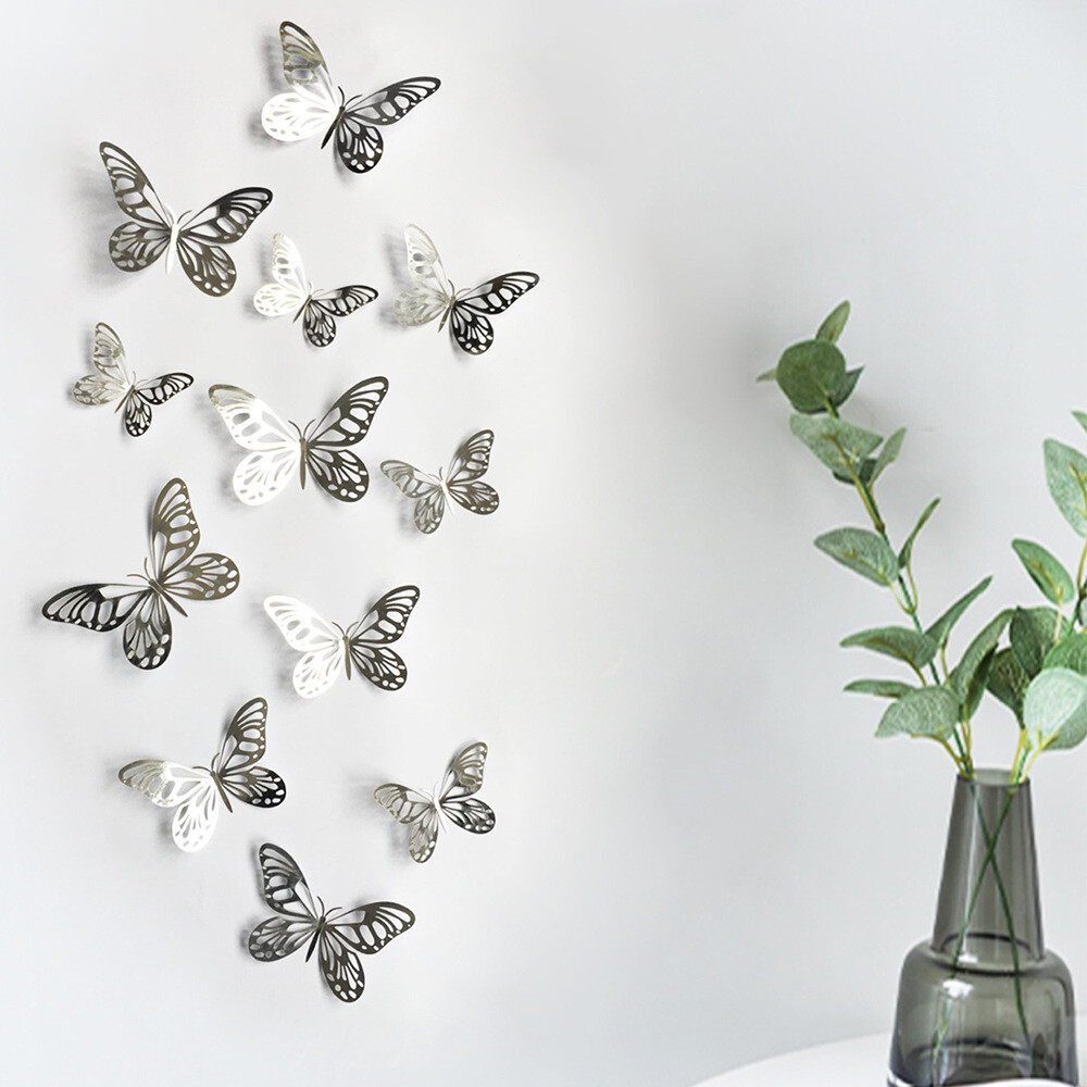 12 pcs 3d cute silver butterfly wall decor, party, wedding, diy