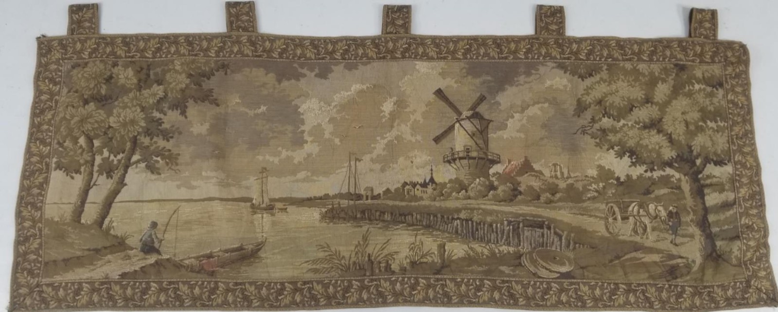 Vintage European Dutch Landscape Scene Jacquard Woven Tapestry 58x22in