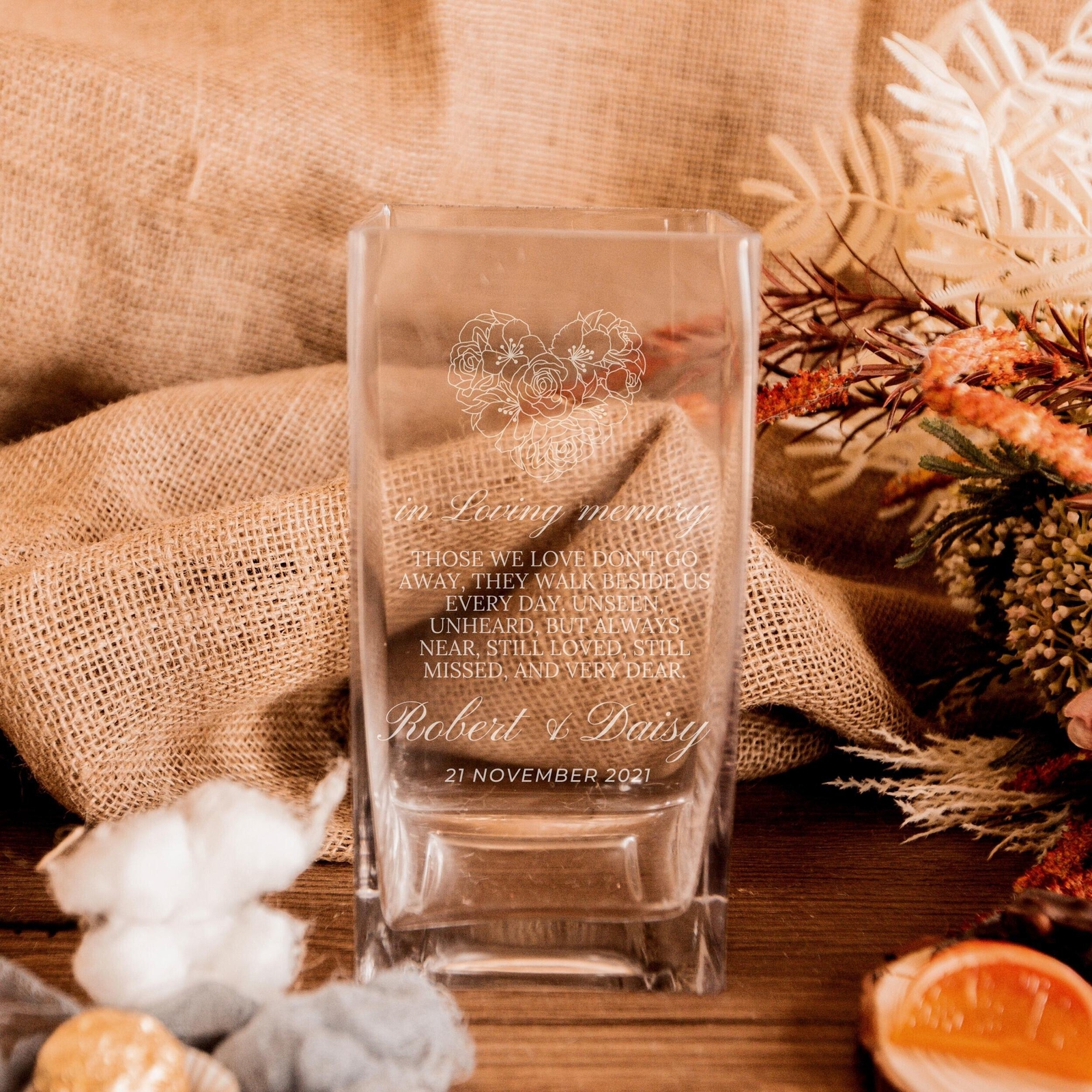 Engraved Medium Square Clear Glass Tank Vase – 10D x20cmH