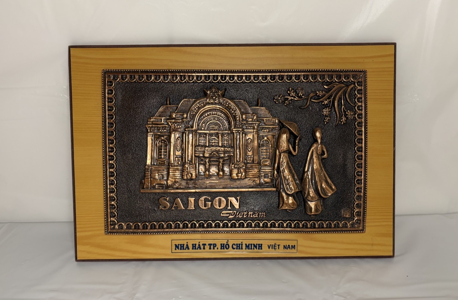 Saigon Opera House Vietnamese Wood and Brushed Brass Plaque Unique Design