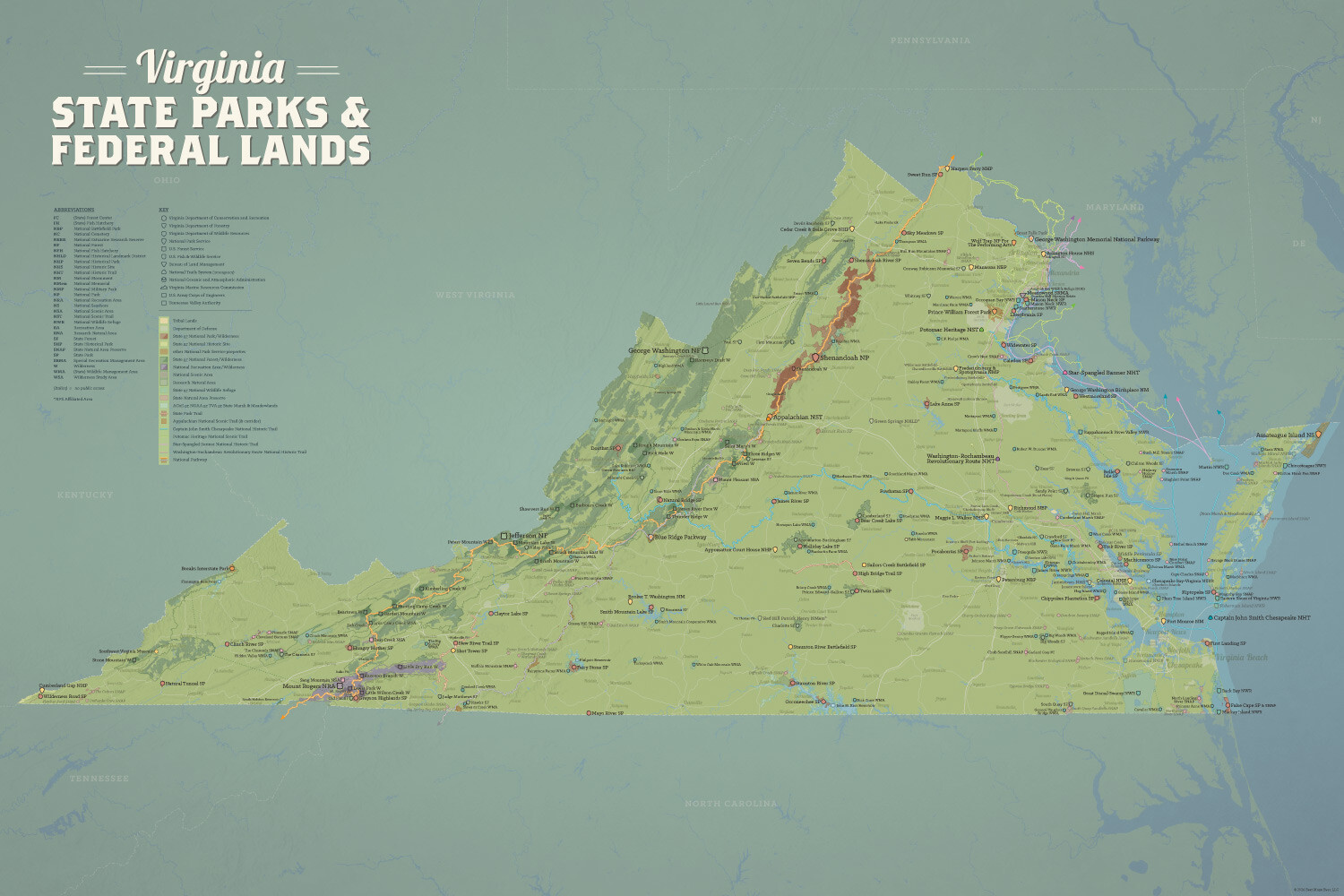 Virginia State Parks & Federal Lands Map 24×36 Poster (Natural Earth) #905