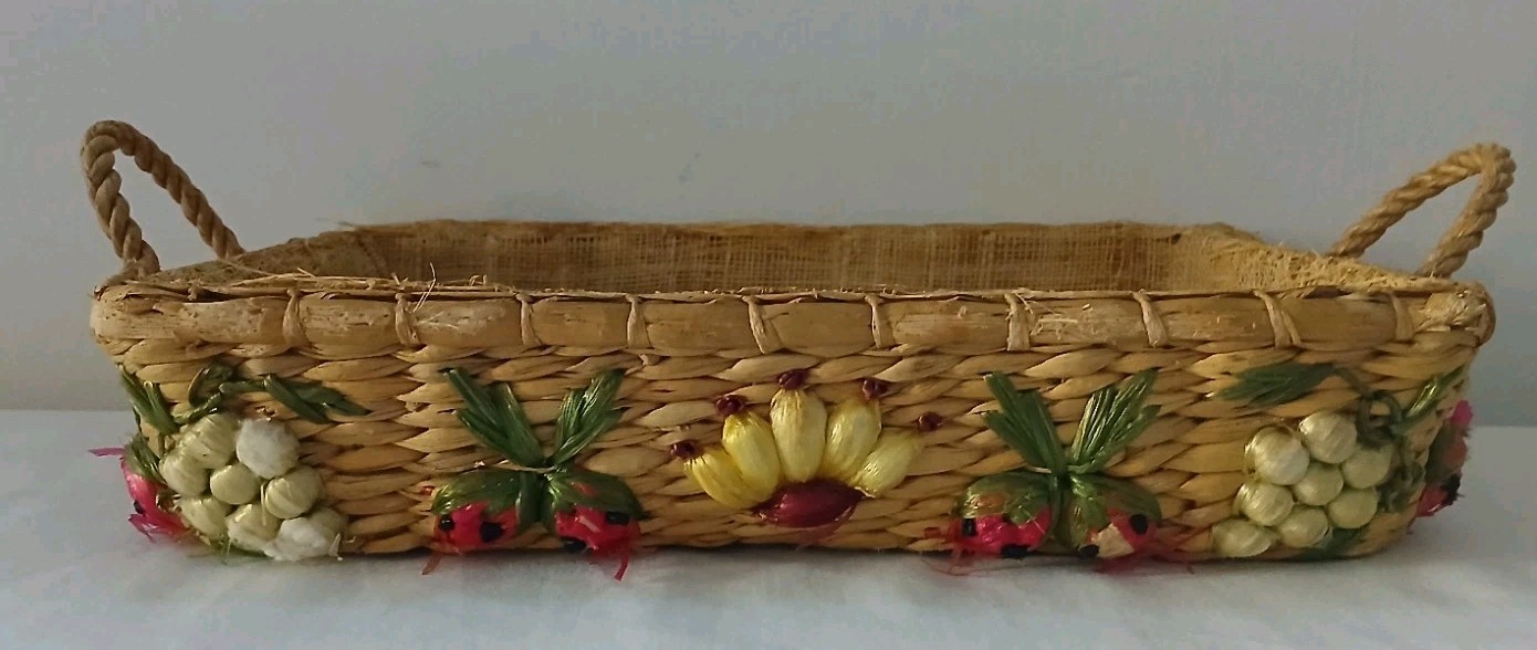 Vintage Wicker Basket Tray Raffia Fruit & Floral Folk Art Boho Cottage Decor