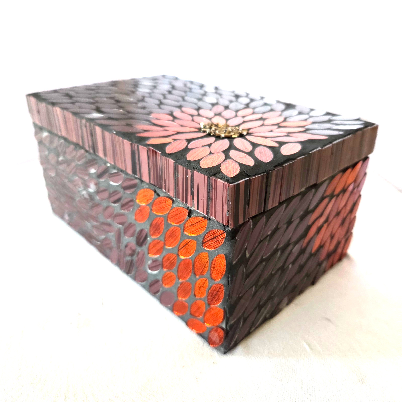 Trinket Jewelry Box Iridescent Mosaic Floral Design Red Purple Black 8&Prime; x 5&Prime;