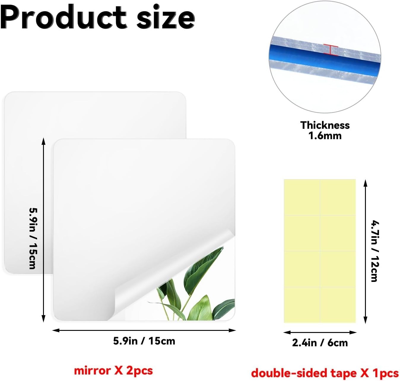 Lightweight Self-Adhesive Acrylic Mirrors – 2 Pack, Ideal for Any Room, 6×6 inch