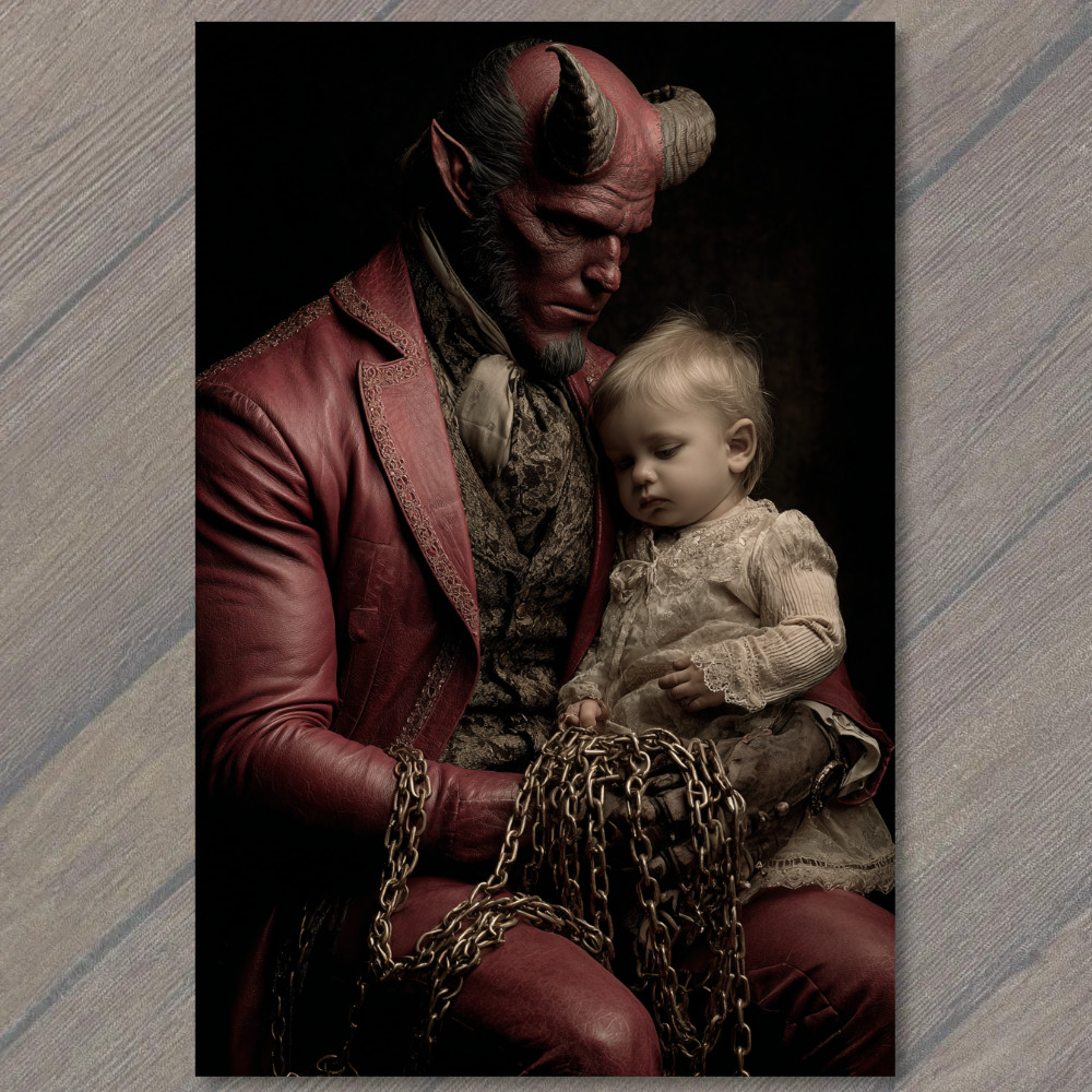 Art Print Red Horned Demon Holding Baby Dark Fantasy Gothic Mythic Protector Dra