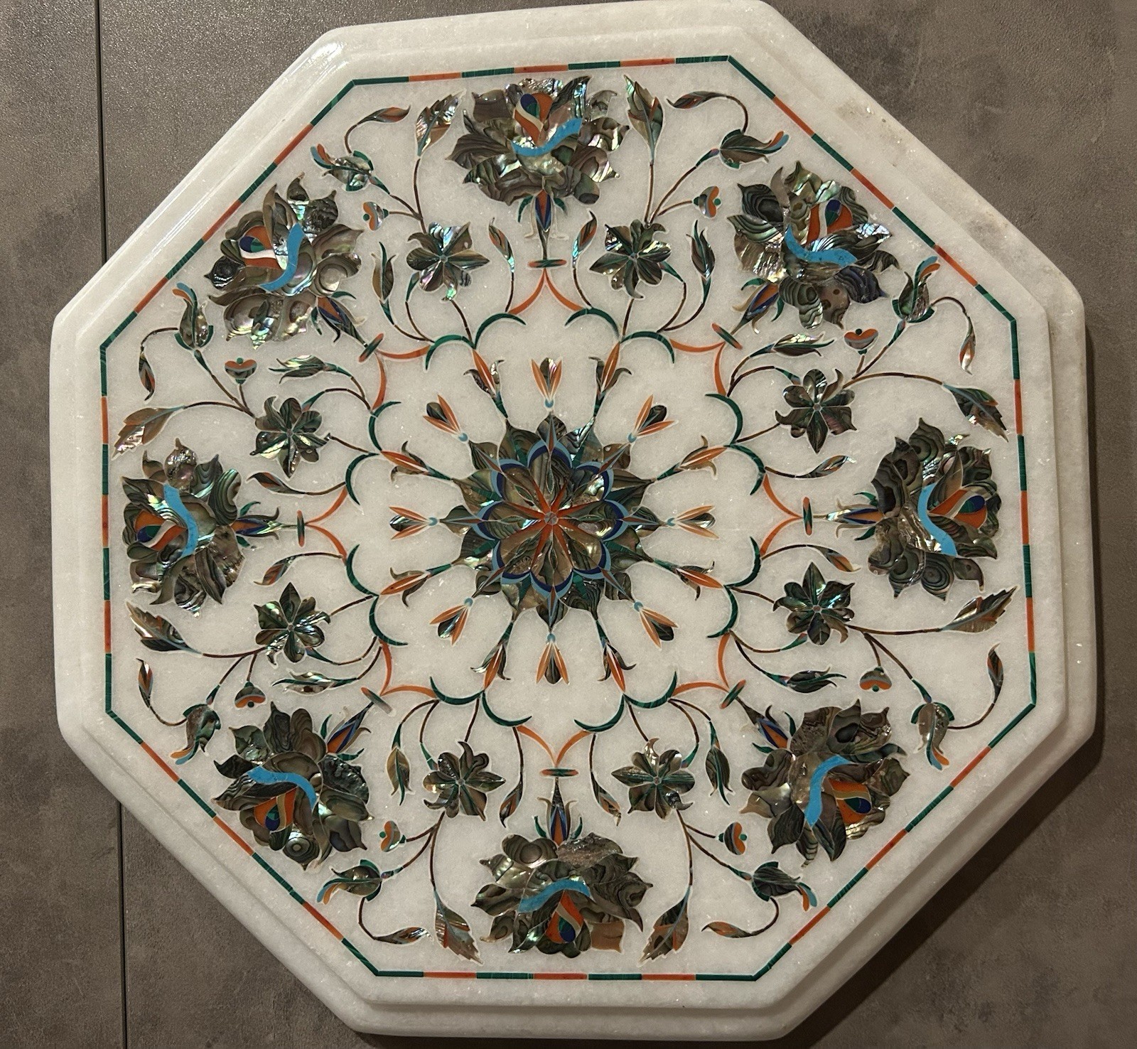 12” Marble Inlay Table Top Mother of Pearl Floral Mosaic Handmade Art