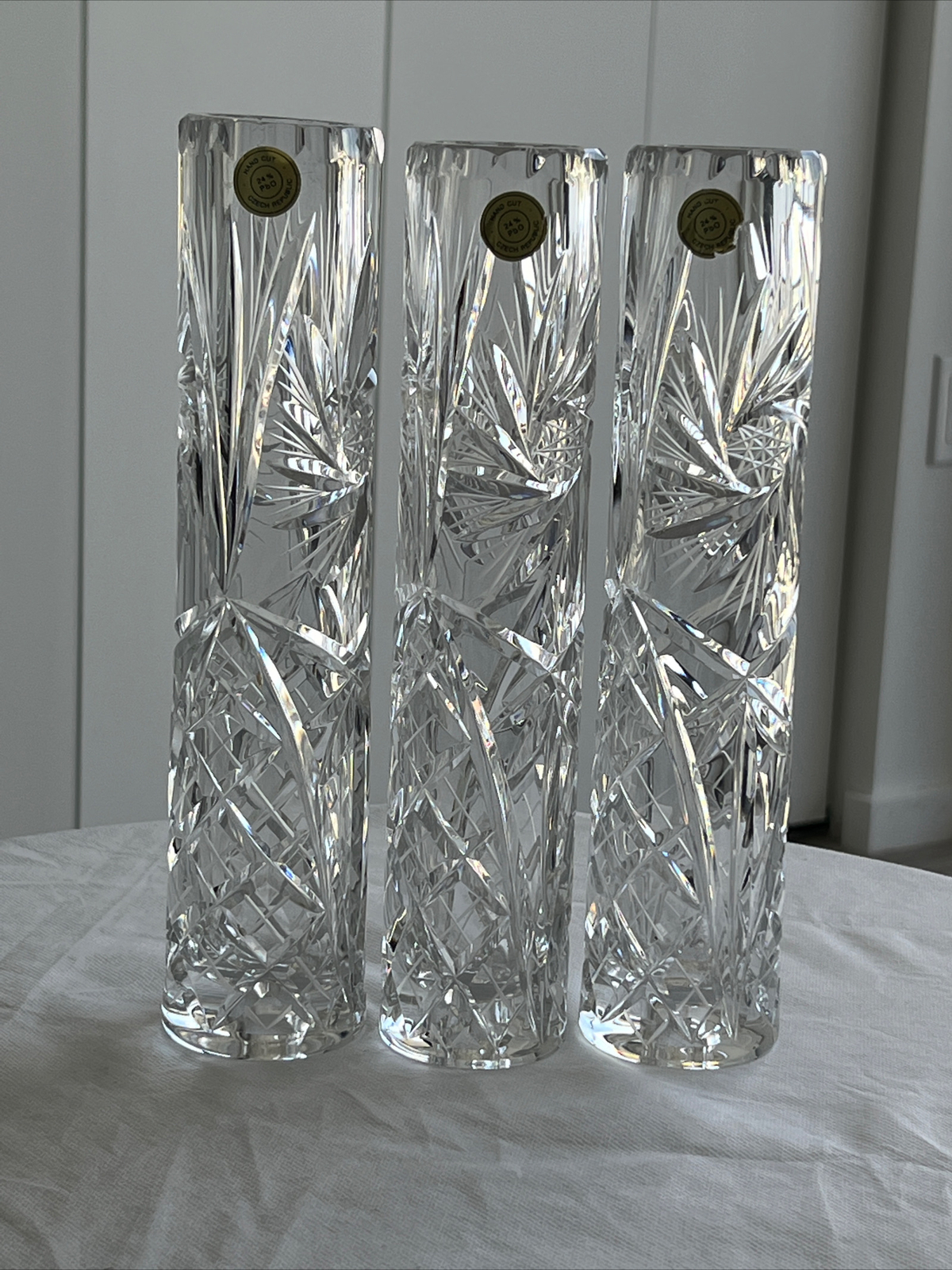 Vtg Bohemia Czech Republic 24% PbO Lead Crystal 10 1/8” Tall Set of Three (3)