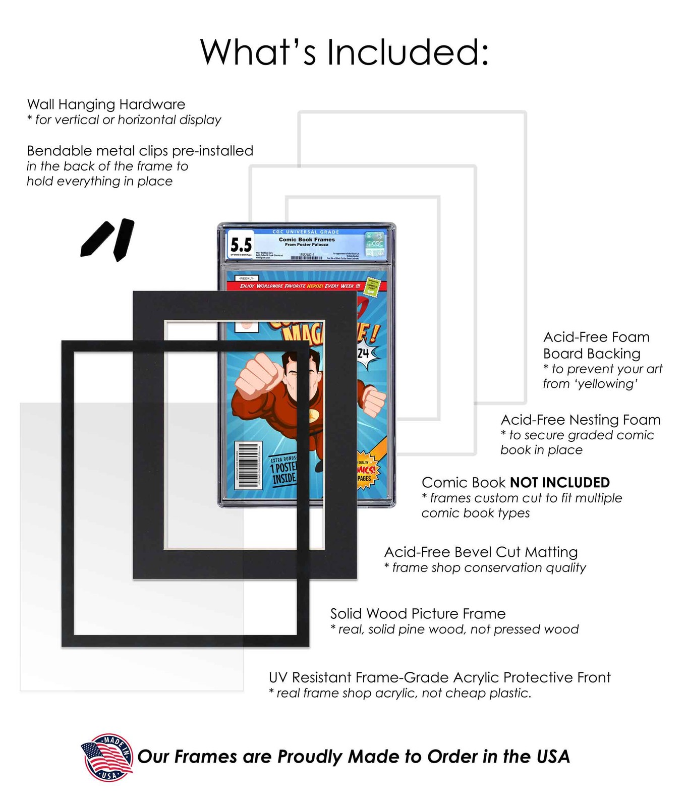 Comic Frame for CGC, PGX Graded Comics – Black Wood Black Mat, 18 Frame Sizes