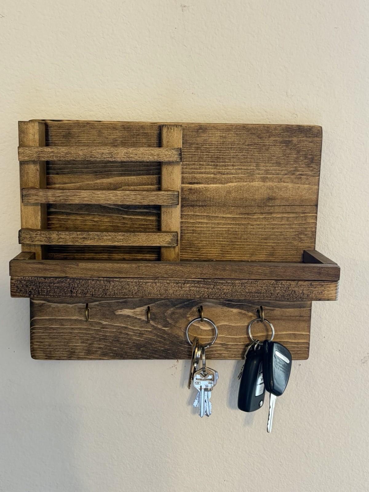 Rustic Wood Wall Hanging 4 Metal Key And Mail Holder 11 1/2 X 9 1/2 Inch