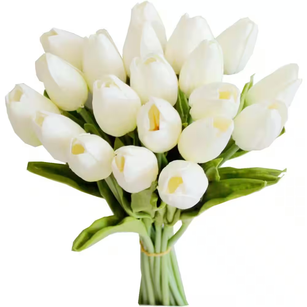 20-Pieces White Indoor Artificial Tulip Silk Fake Flowers 13.5 In. for Home Kitc