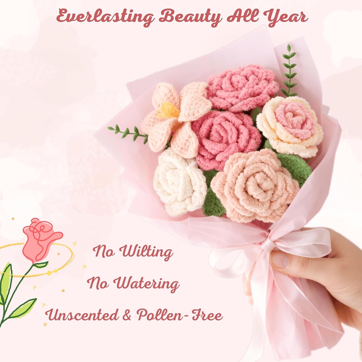 Youeon Pink Crochet Flower Bouquet, Handmade Knitted Yarn Rose Flowers with Gift
