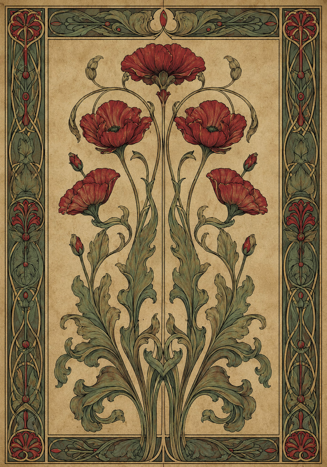 Art Nouveau Red Poppy Wall Art Vintage Floral Poster Canvas Print Home Decor