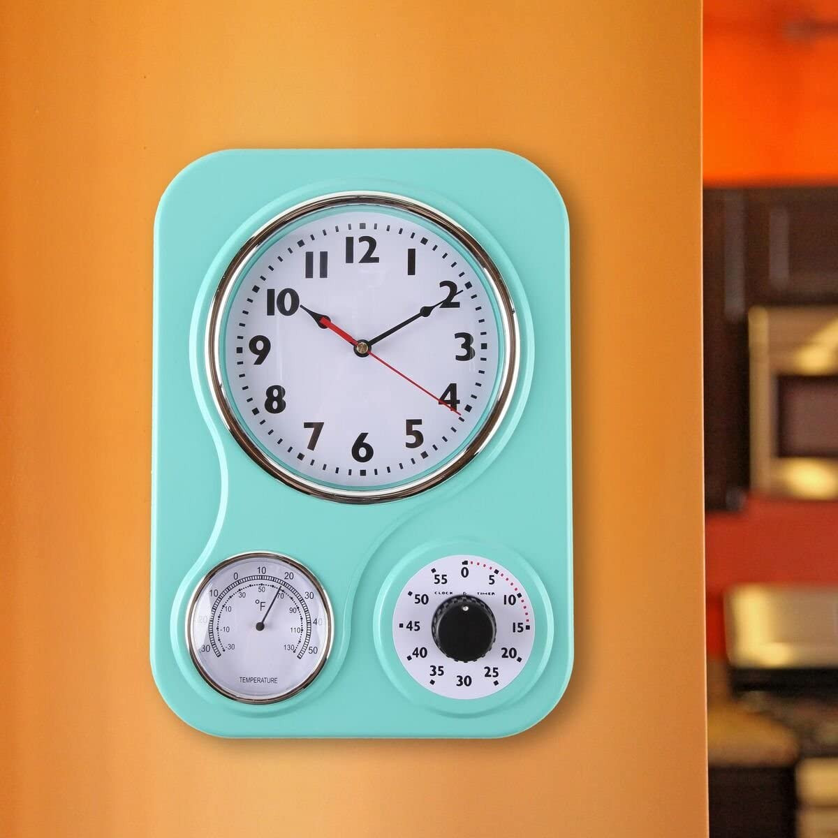 Retro Kitchen Wall Clock, Thermometer and 60-Minute Timer, 9.5X12.5 inch