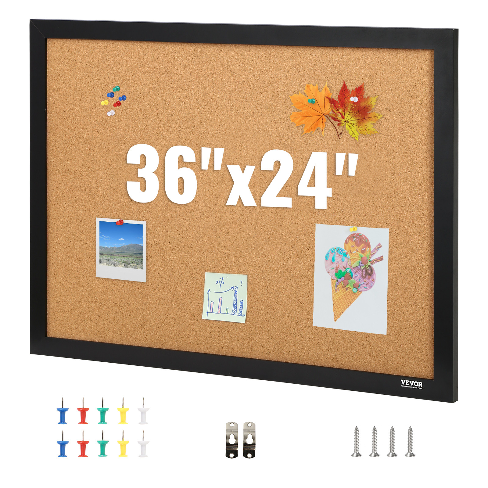 VEVOR Cork Board Bulletin Board 36&Prime; x 24&Prime; with MDF Sticker Frame Wall Mounted