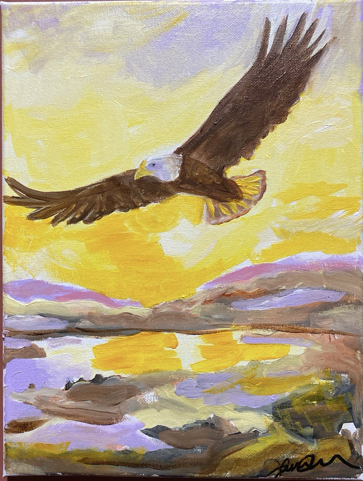8”x10” GOLDEN EAGLE SUNSET, Signed By Artist, Original Acrylic Canvas/COA