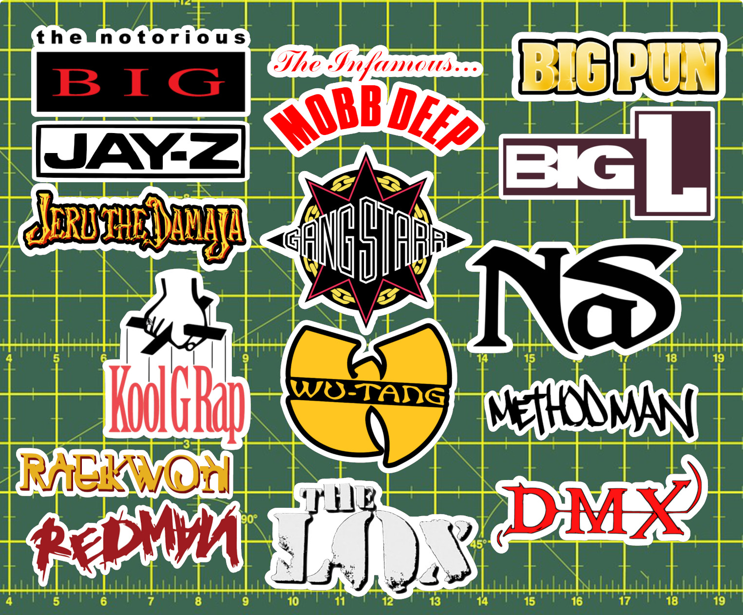 15 90&rsquo;s Rap Logo Sticker Pack – Clear, Holographic, or White- Jay-Z Nas Hip-Hop