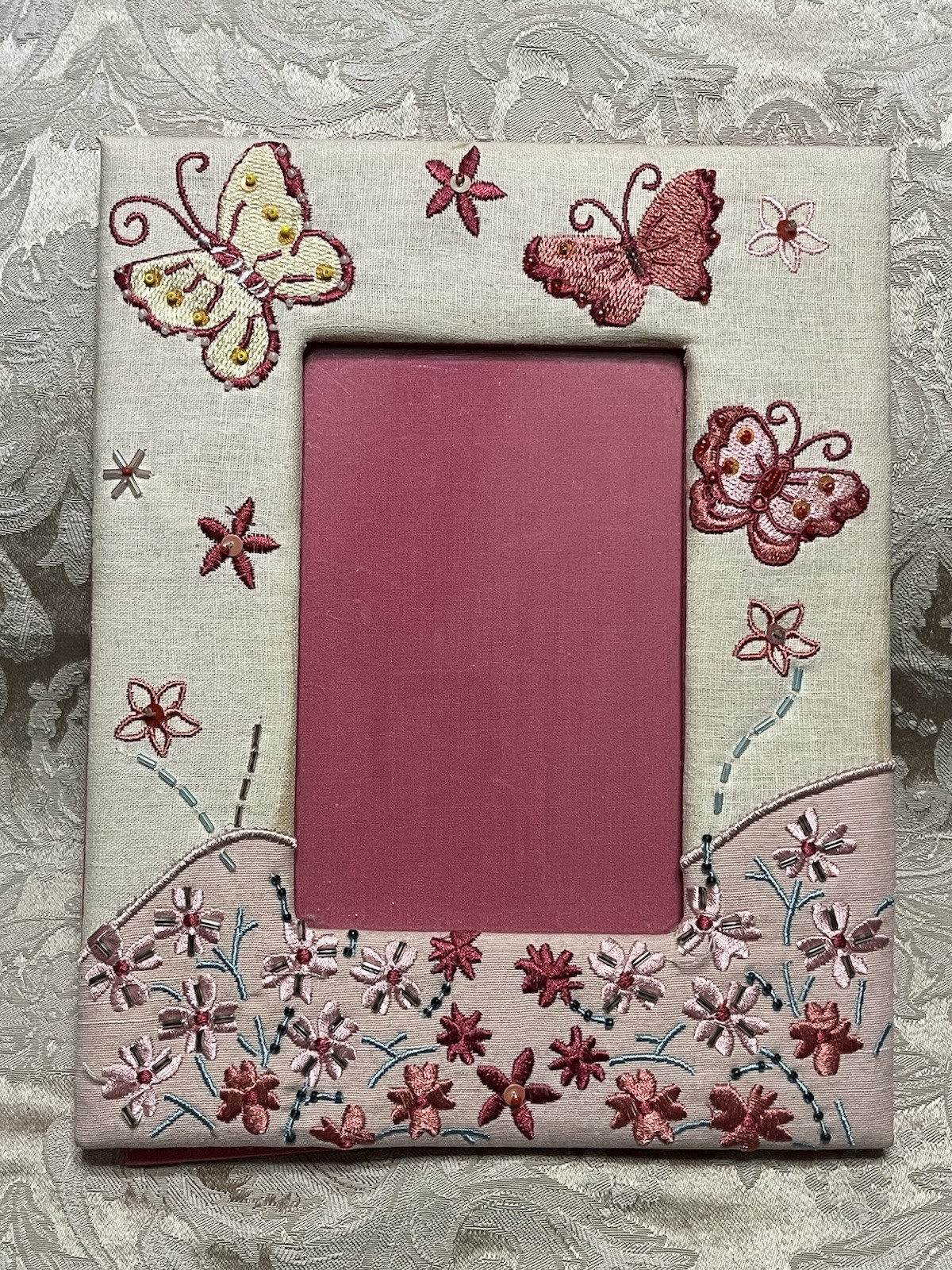 Floral Photo Frame Butterflies Jeweled Embroidered Fabric 5.5 “ X 3.75”