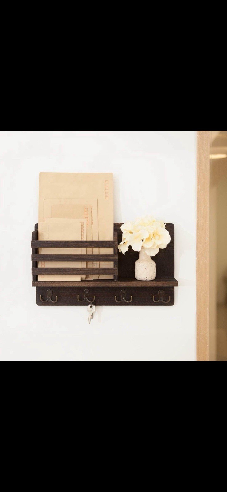 Wall-Mounted Wood Key & Mail Rack Combo with Coat Hooks, Brown, 8x10in