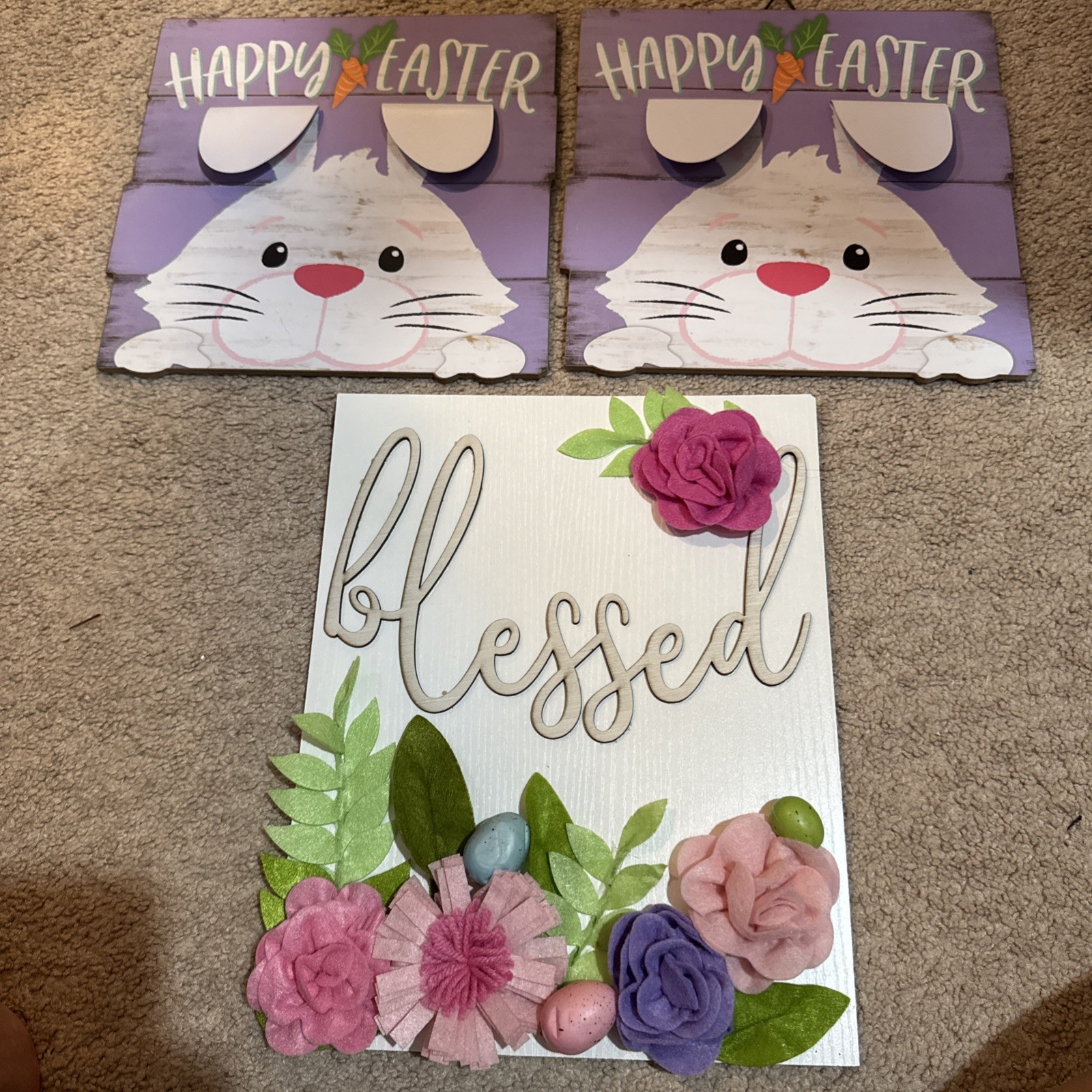 Easter Bunny Sign LOT OF 3 Wood and Metal
