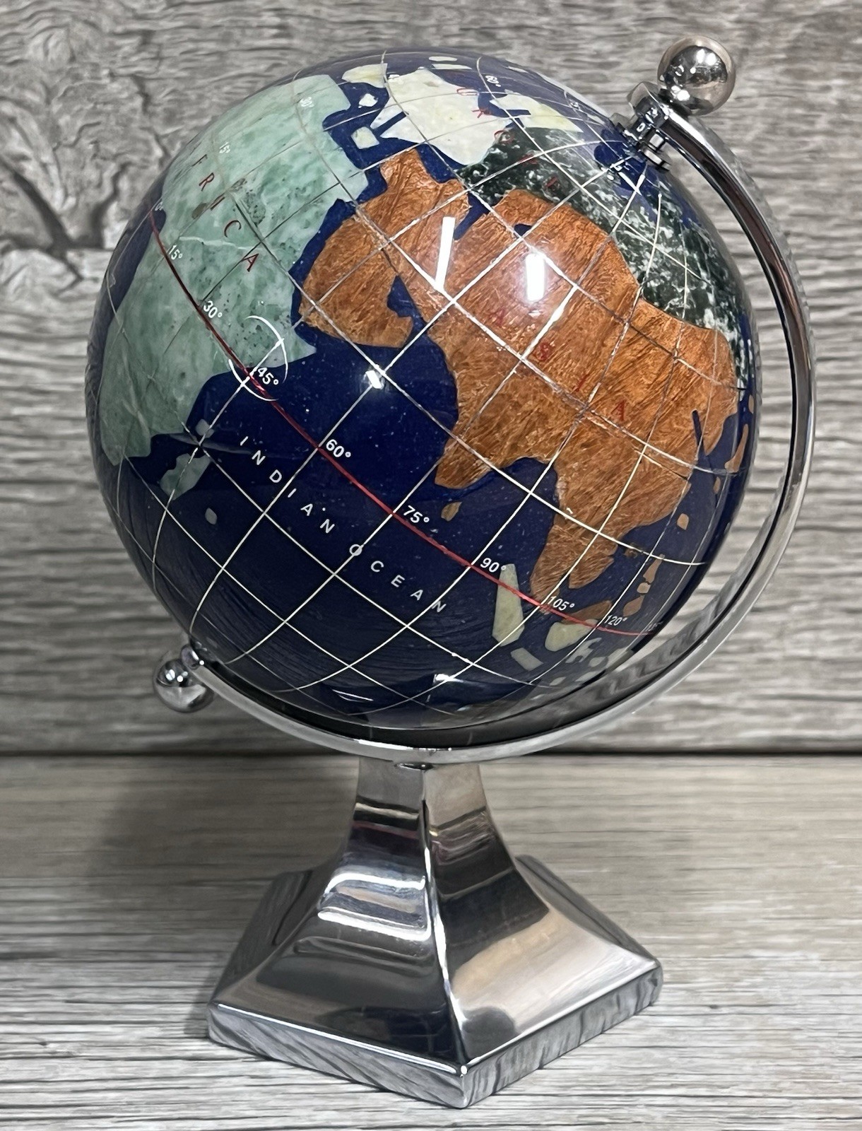 GEMSTONE MINI WORLD GLOBE Semi-Precious Inlay Chrome Stand 5.5&Prime; Tabletop Decor