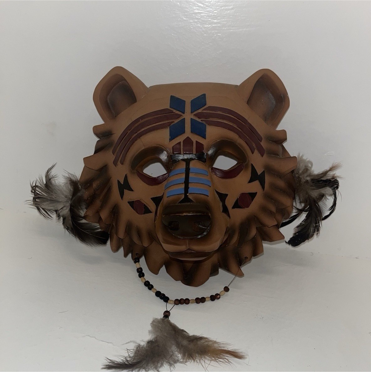 Hand Painted Brown Bear Mask wall decor w/ Feathers & Beaded Dangle