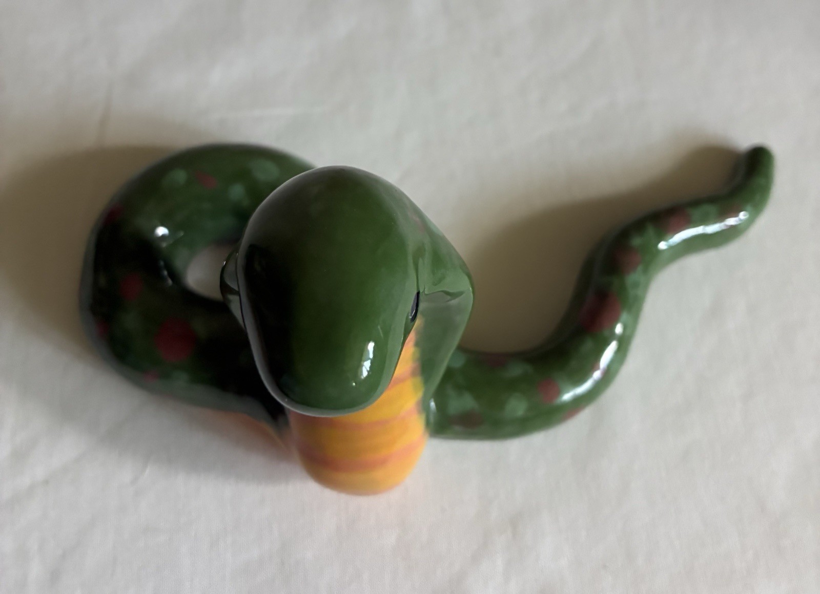 Hand Painted Ceramic Snake Cobra Figurine Green & Yellow Spots Pottery Art Signe