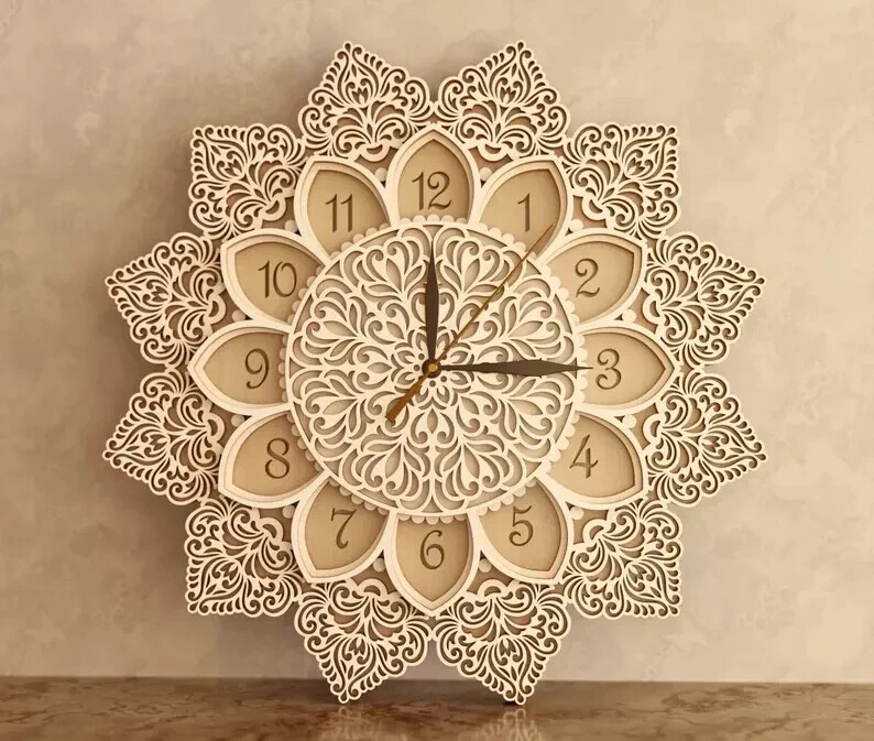 Engraved Mandala Wall Clock Battery Operated Silent Round Clock Wall Decor