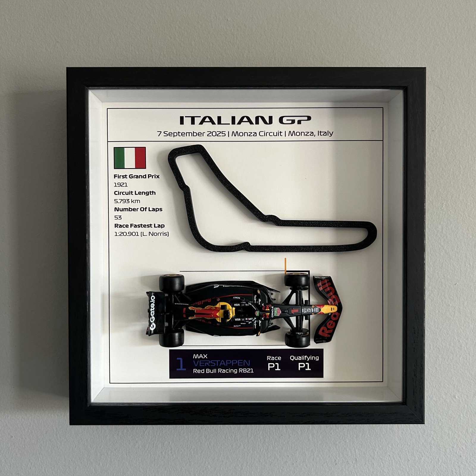Formula 1 3D Framed Wall Art – Max Verstappen Monza 2025 Winner Display