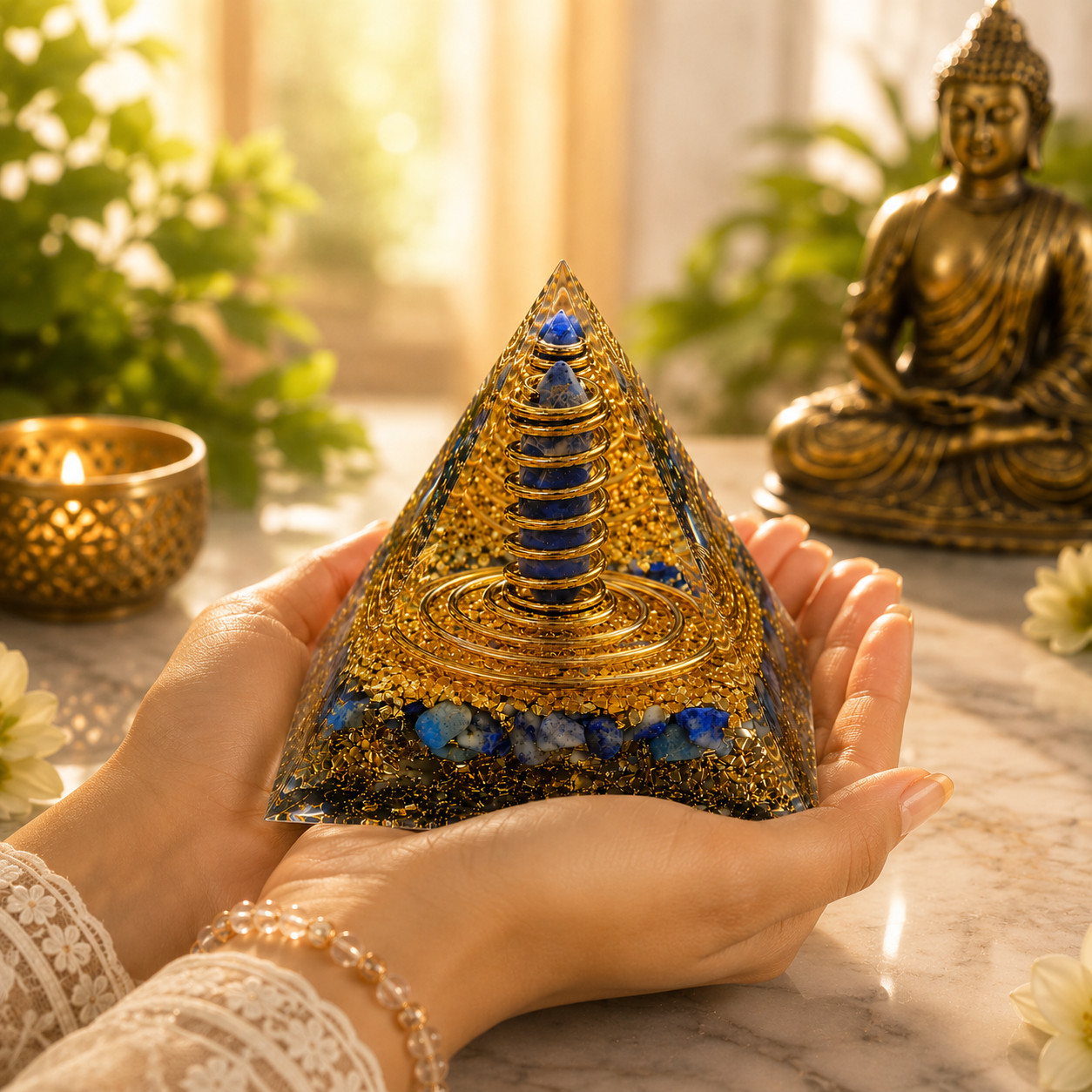 Decorative Resin Pyramid Display with Spiral Centerpiece – 6cm