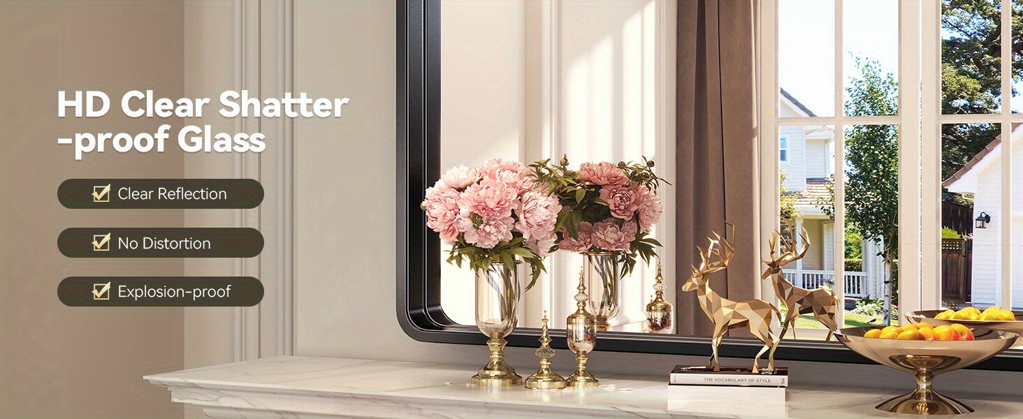Black metal framed rounded rectangle bathroom mirror 3 sizes Matte black