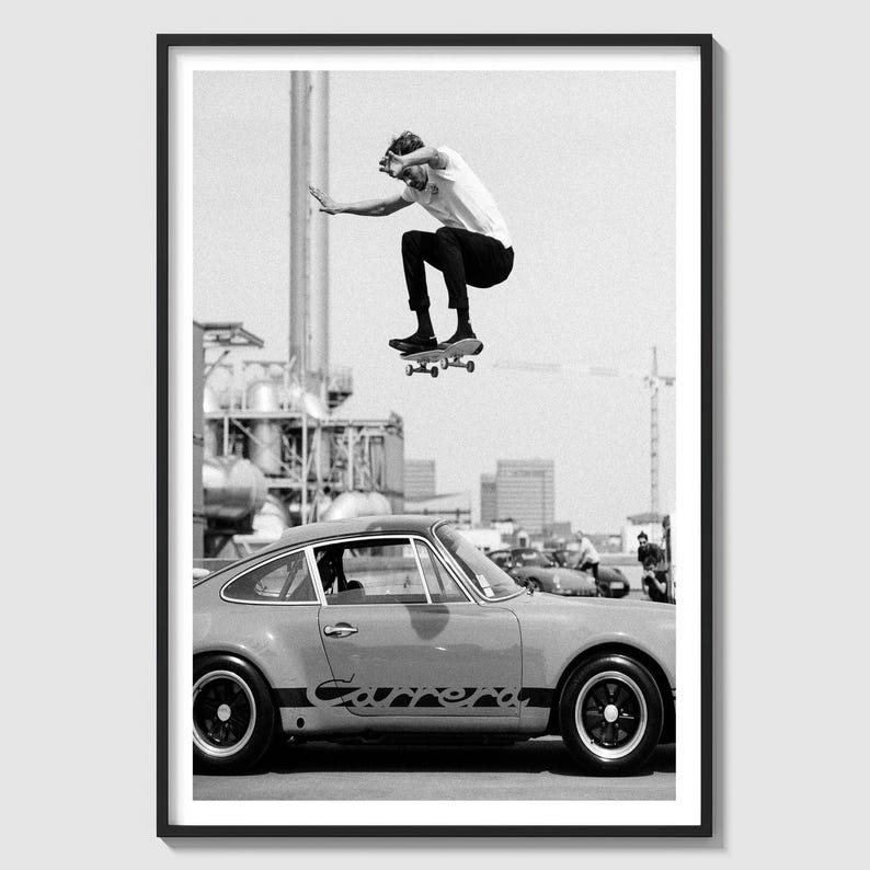 Vintage Porsche 911 Carrera Wall Art, Black and White Skate Photography