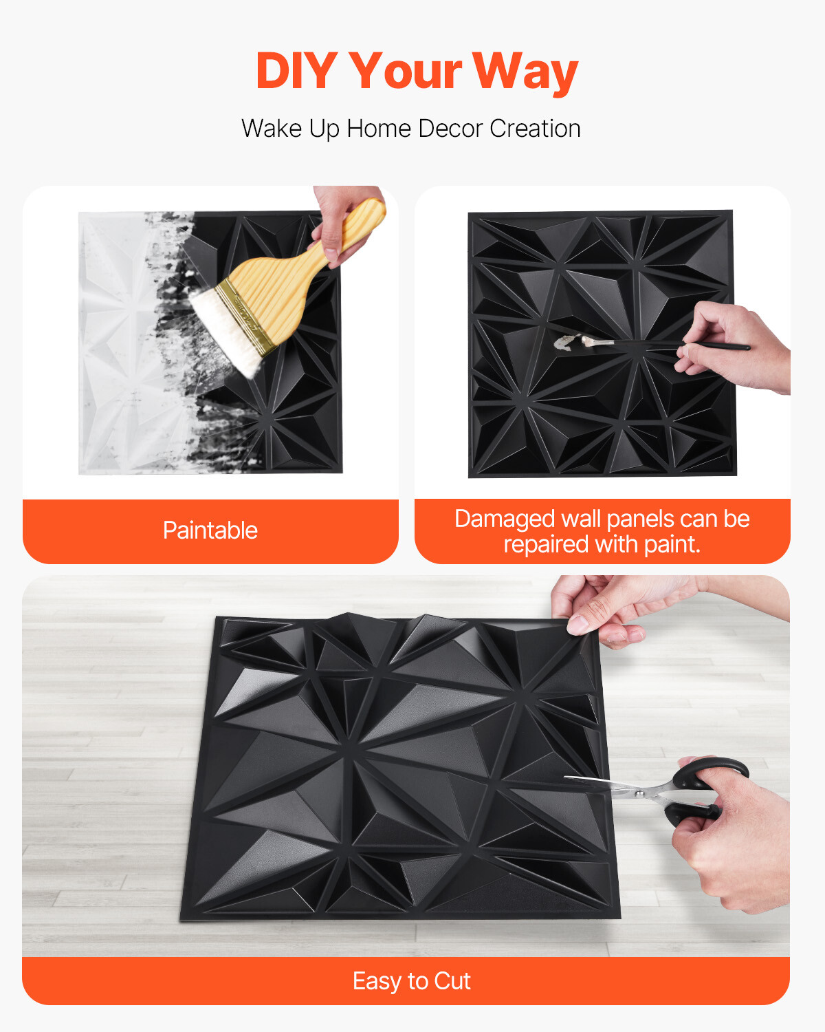 3D Wall Panels 33-Pack 11.81 x 11.81 » PVC 32 Sq.Ft Coverage Diamond Matte Black