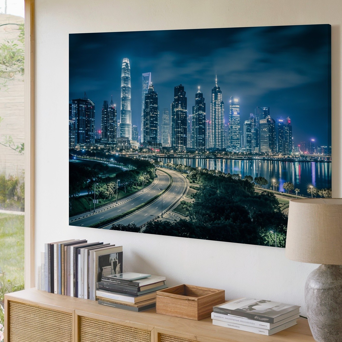 Stunning Nighttime Cityscape Featuring A Modern Skyline Dominated By Wall Art