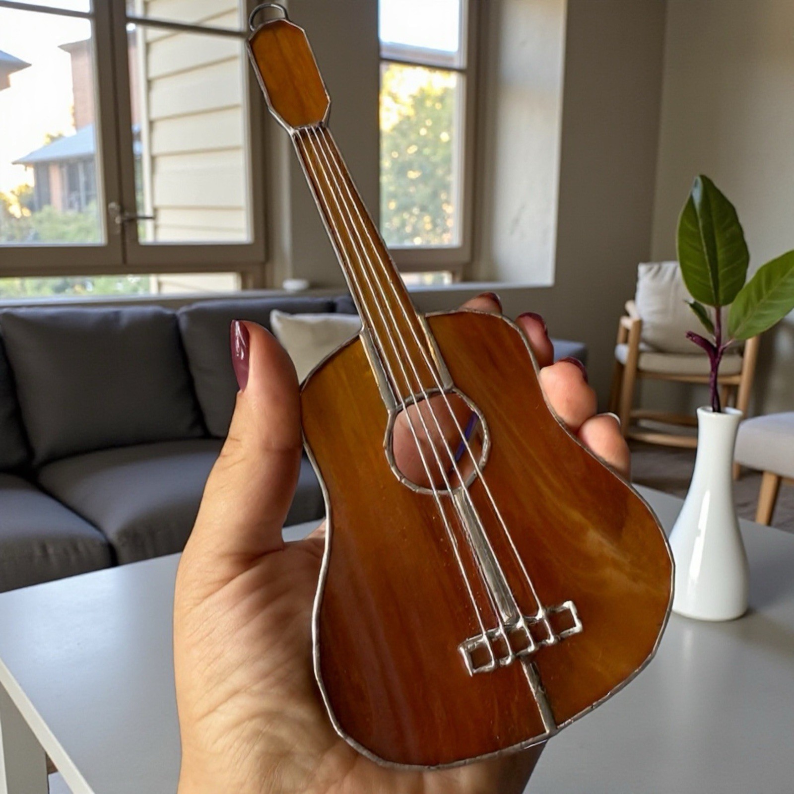 NEW Stained Glass Guitar Window Sun-catcher In White.