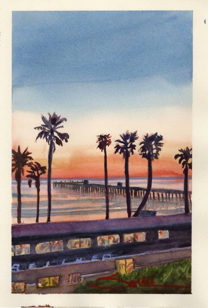 Surfliner Near Pier : SandraWatercolors™ California : Signed Ltd. Edition Print