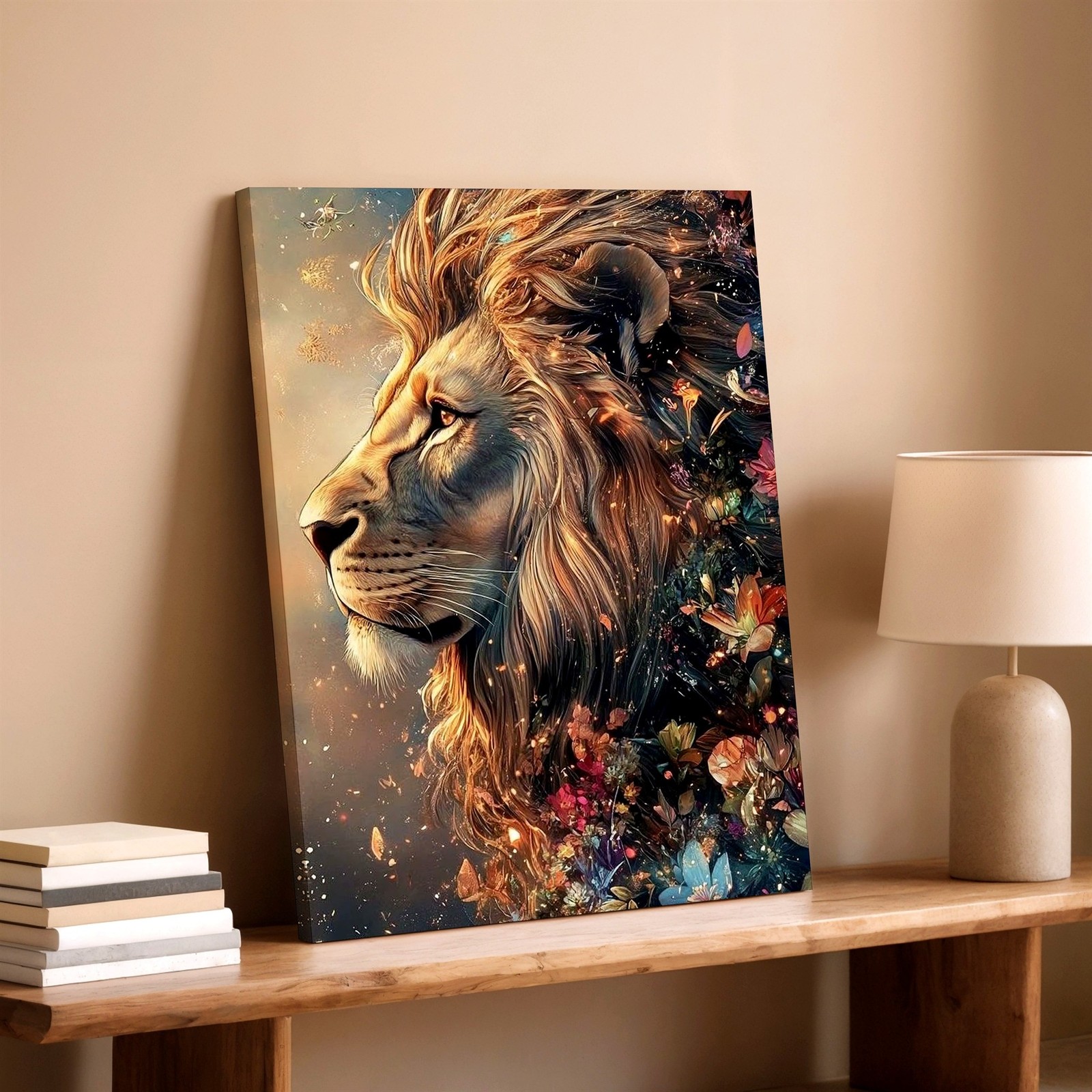 Wall Art Majestic Lion Portrait Floral Fantasy Animal Canvas Print Modern Decor