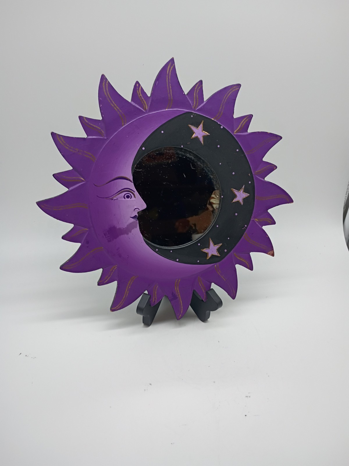 VTG Celestial Purple Accent Wall Mirror Hand Painted Wood Moon Stars 1990s 12”
