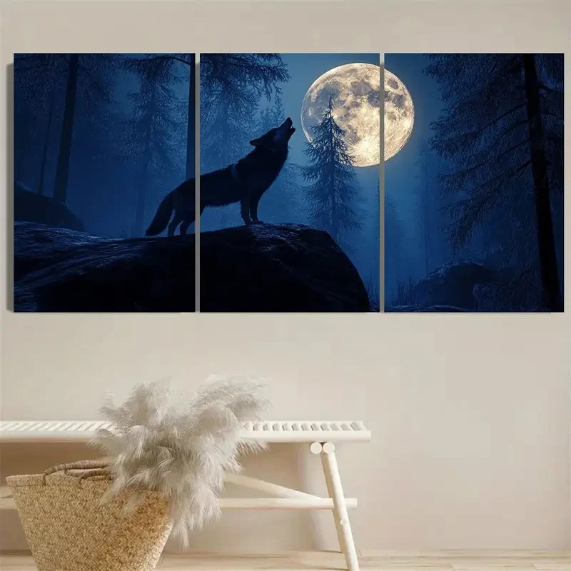 3pcs Wolf howling at full moon eerie forest Wall Art Canvas Framed 50x70cm