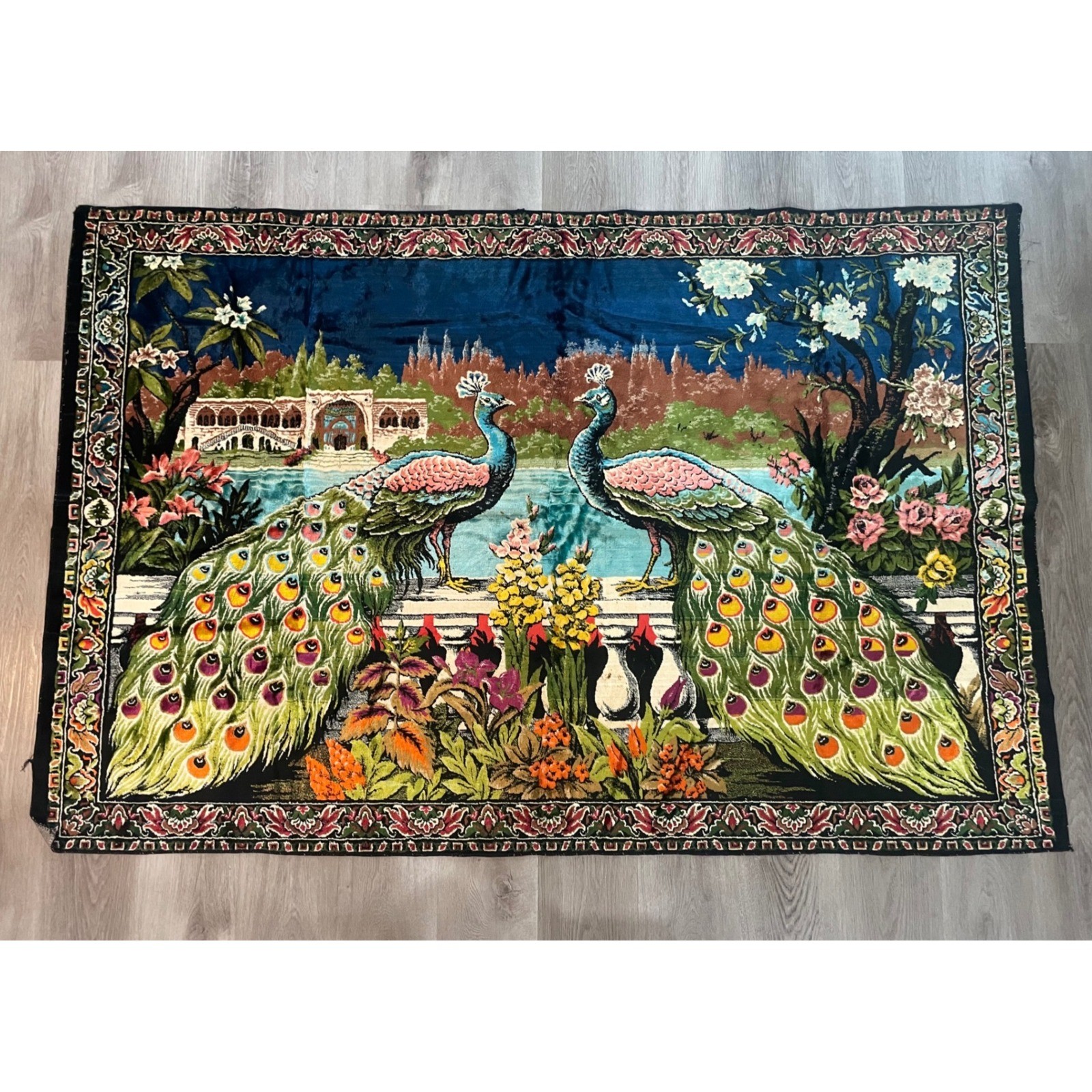 Vintage Turkish Velvet Peacock Tapestry Rug 1970s Wall Hanging 75×49 Boho Decor