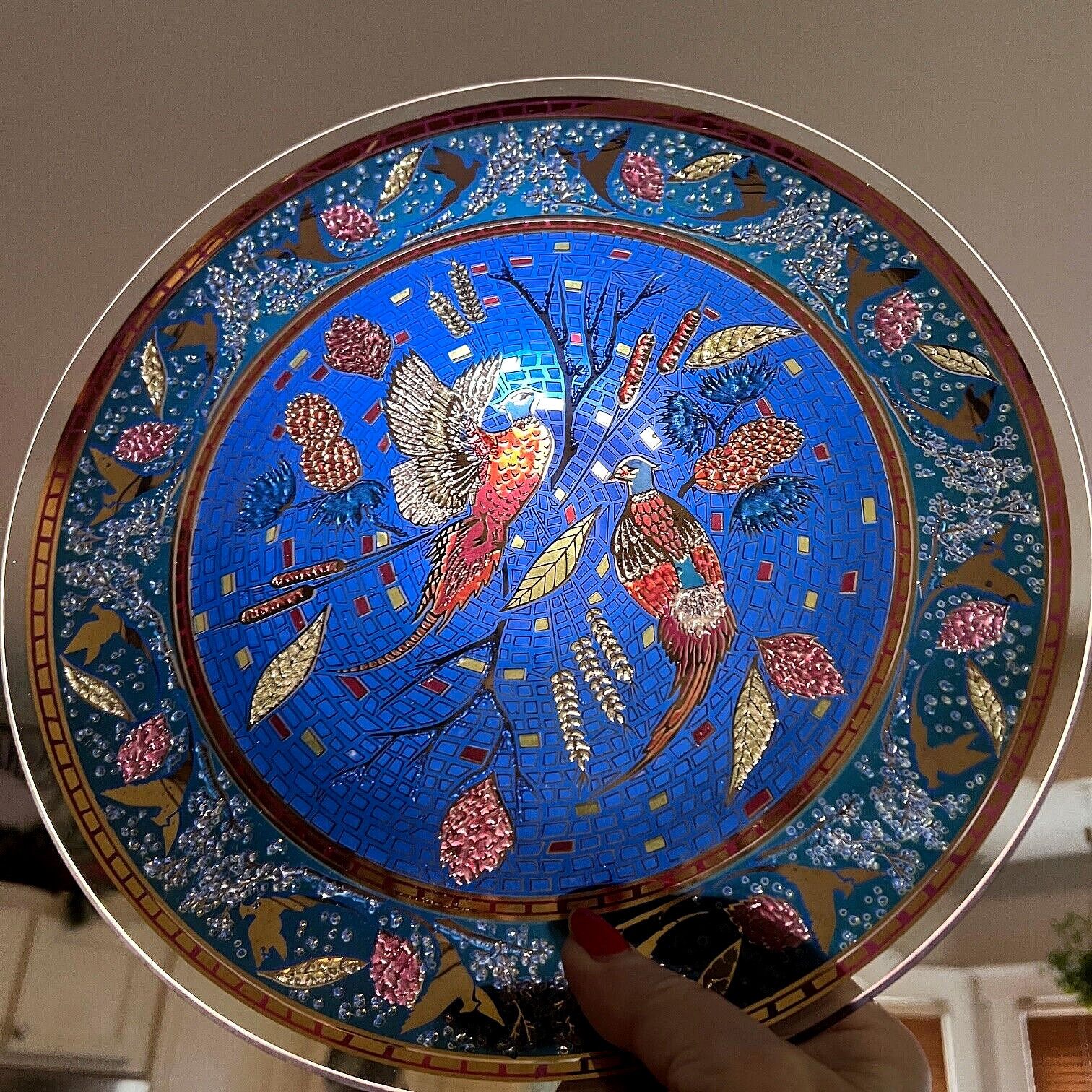 Vtg Houze Art Glass Mosaic Design Plate Blue & Gold w/Pheasants 11&Prime; Diameter