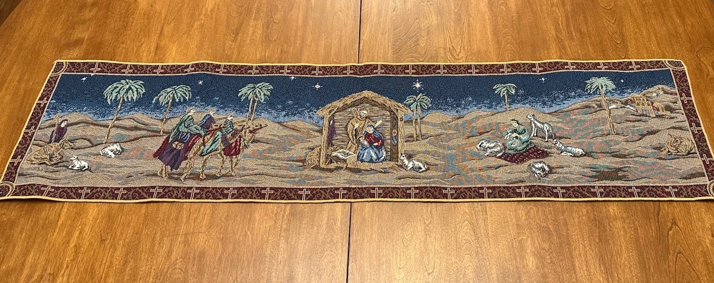 Nativity Scene Tapestry Table Runner Christmas Manger Baby Jesus Holiday 52×13”