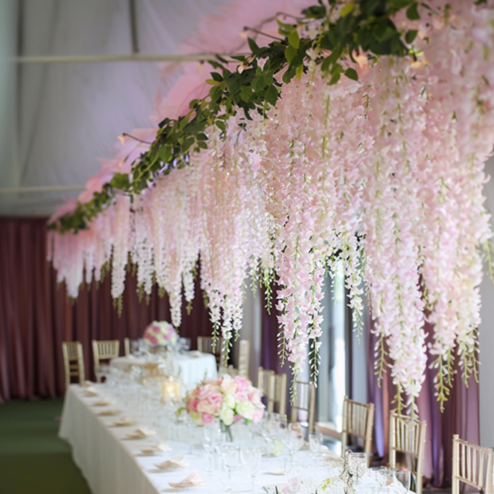Hanging Faux Pink Wisteria Wedding Floral Decor – 24 pcs, 72 Branches Total