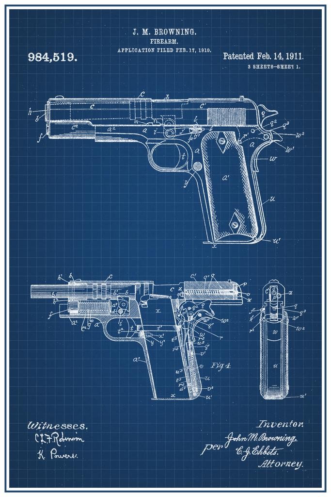 1911 Handgun Browning Official Patent Blueprint Art Print Poster 24×36