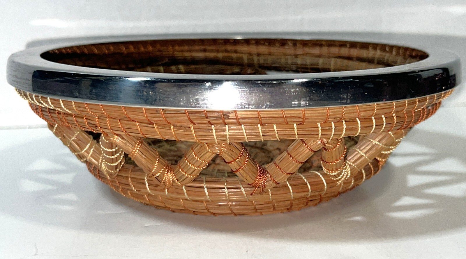 Un Pueblo Pine Needle Woven Bread Round Basket Nickel Metal Rim Mexican Artisan