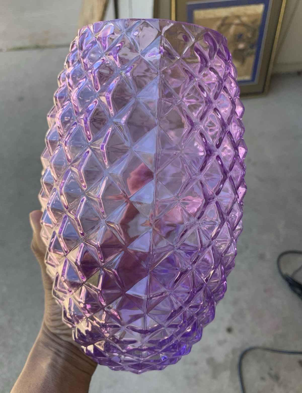 Purple Geometric Textured Glass Flower Vase, Oval Freestanding Decorative