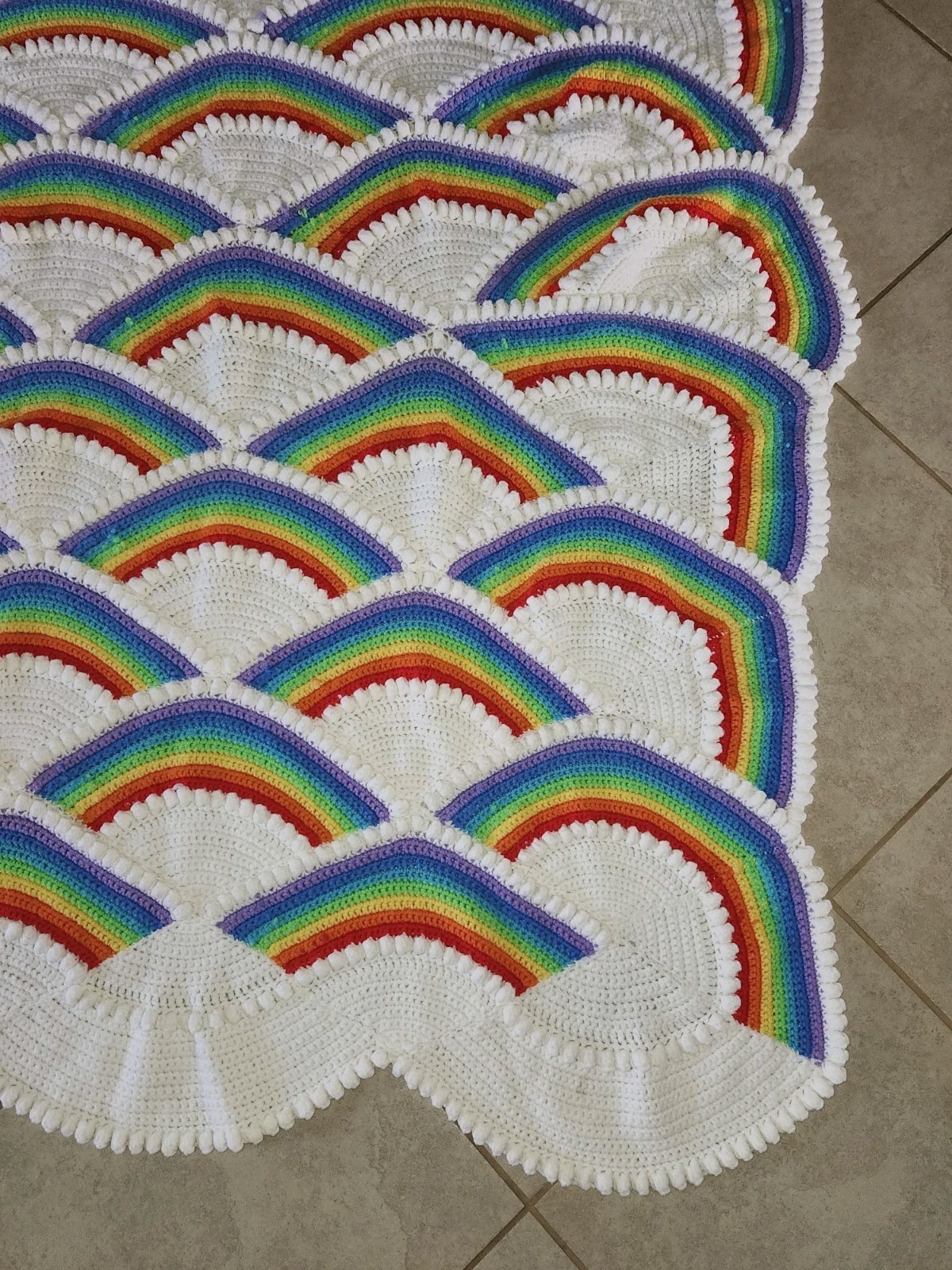 Vtg. Rainbow & Clouds Handmade Crochet Afghan Blanket Retro Pride Scalloped edge