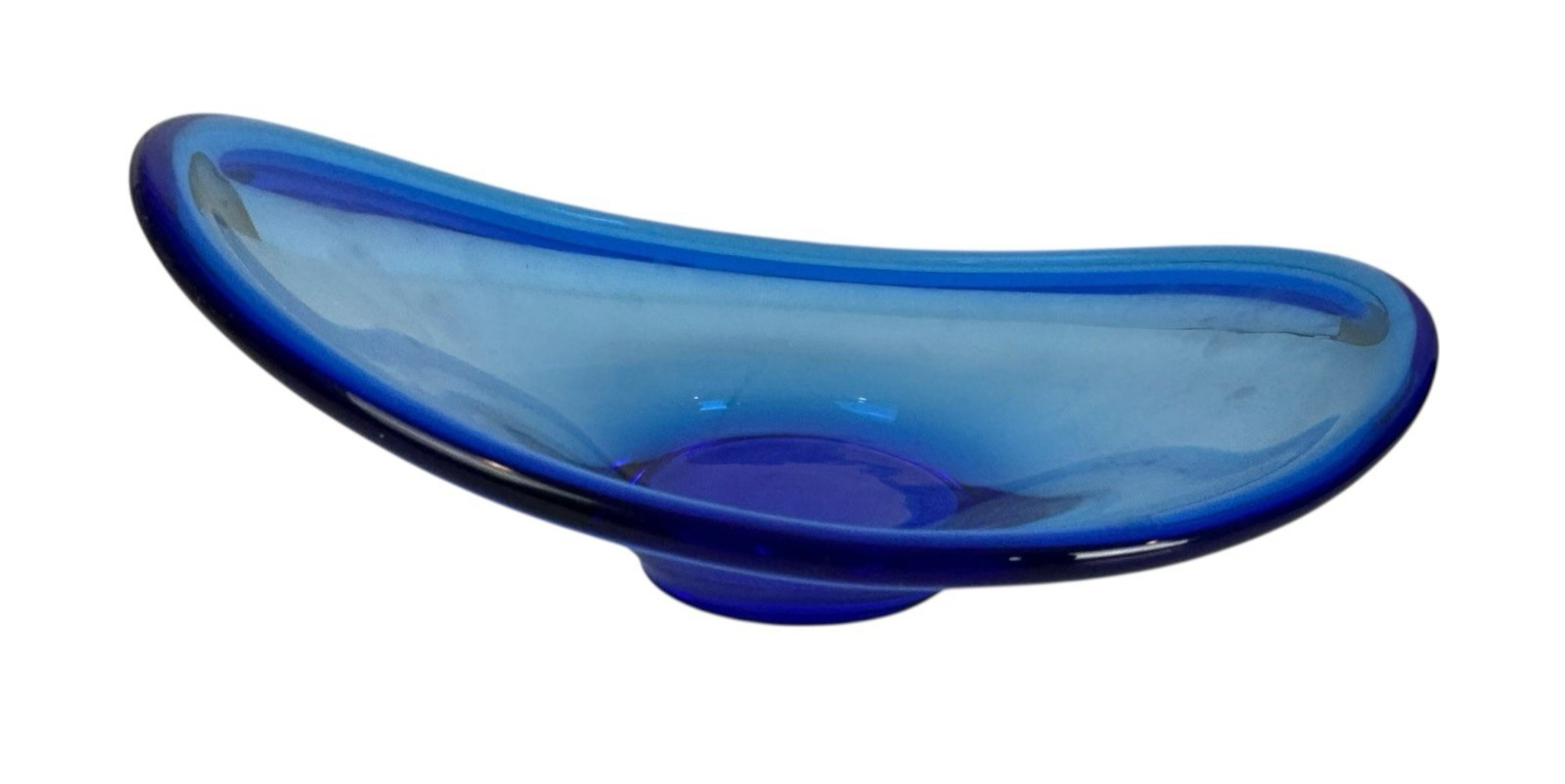 Hand Blown Art Glass Blue Freeform Console Bowl Murano Style Centerpiece MCM