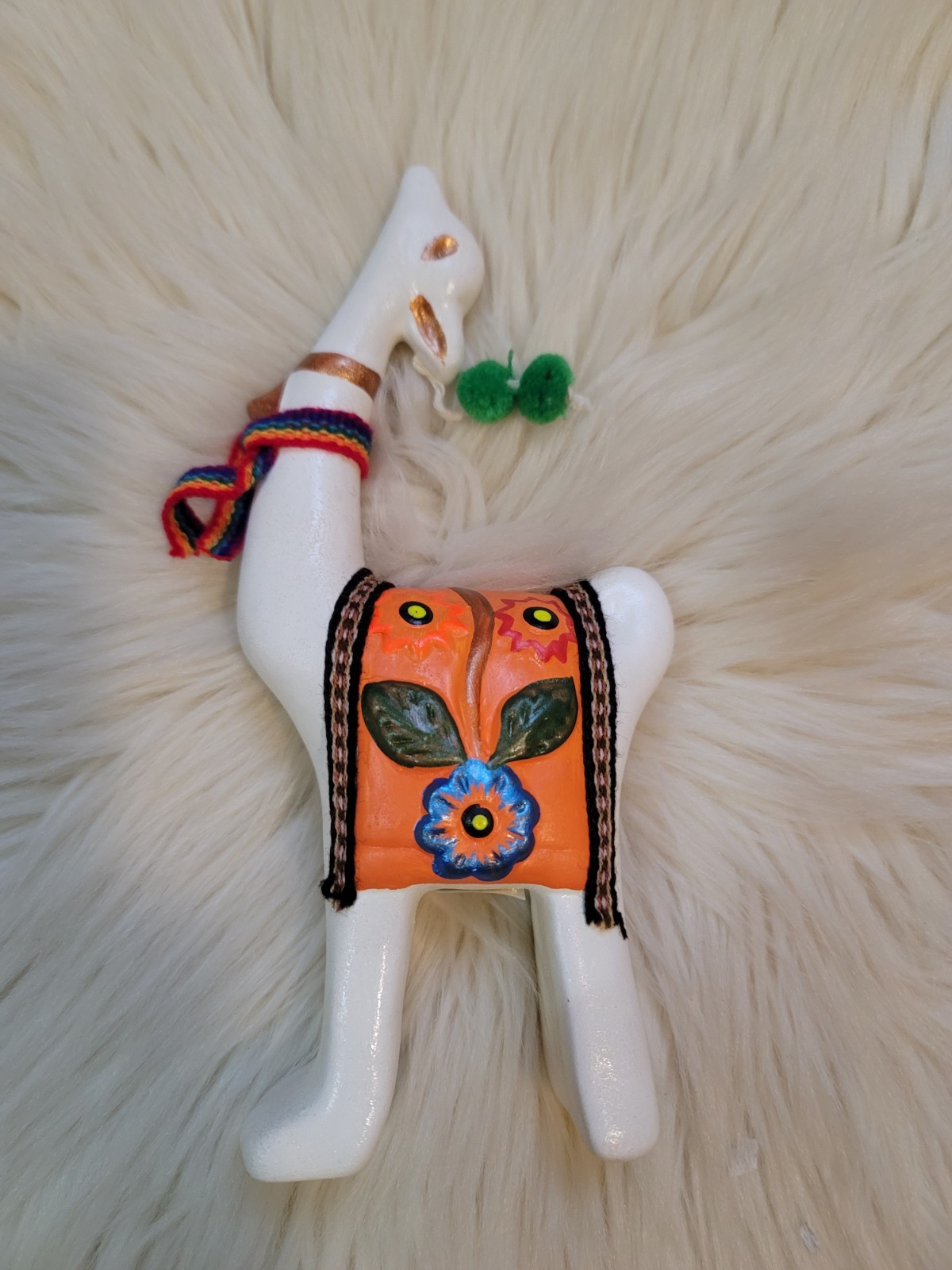 Ceramic Decorative Llama White Colorful 7.5&Prime; Tall Decor From Peru Handcrafted