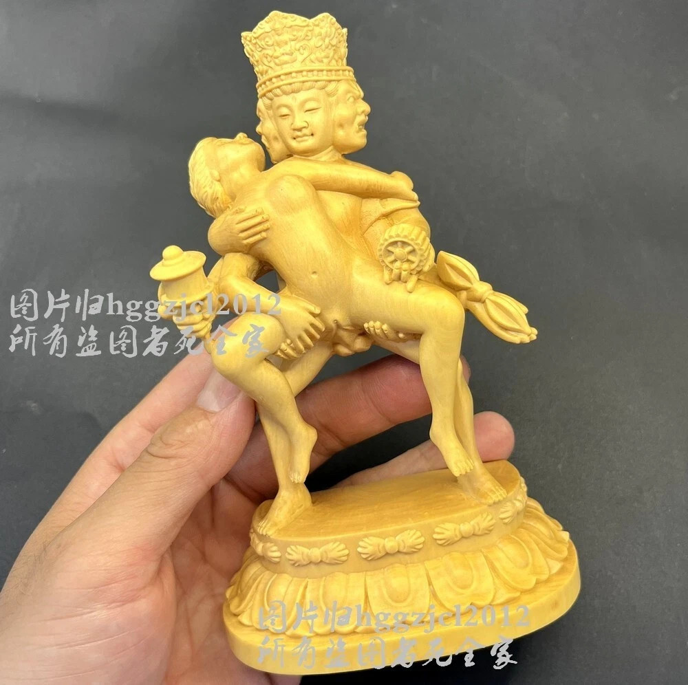 6&Prime; New Boxwood Tantra Buddhism Home Hevajra Yab-Yum Happy Love Buddha Statue